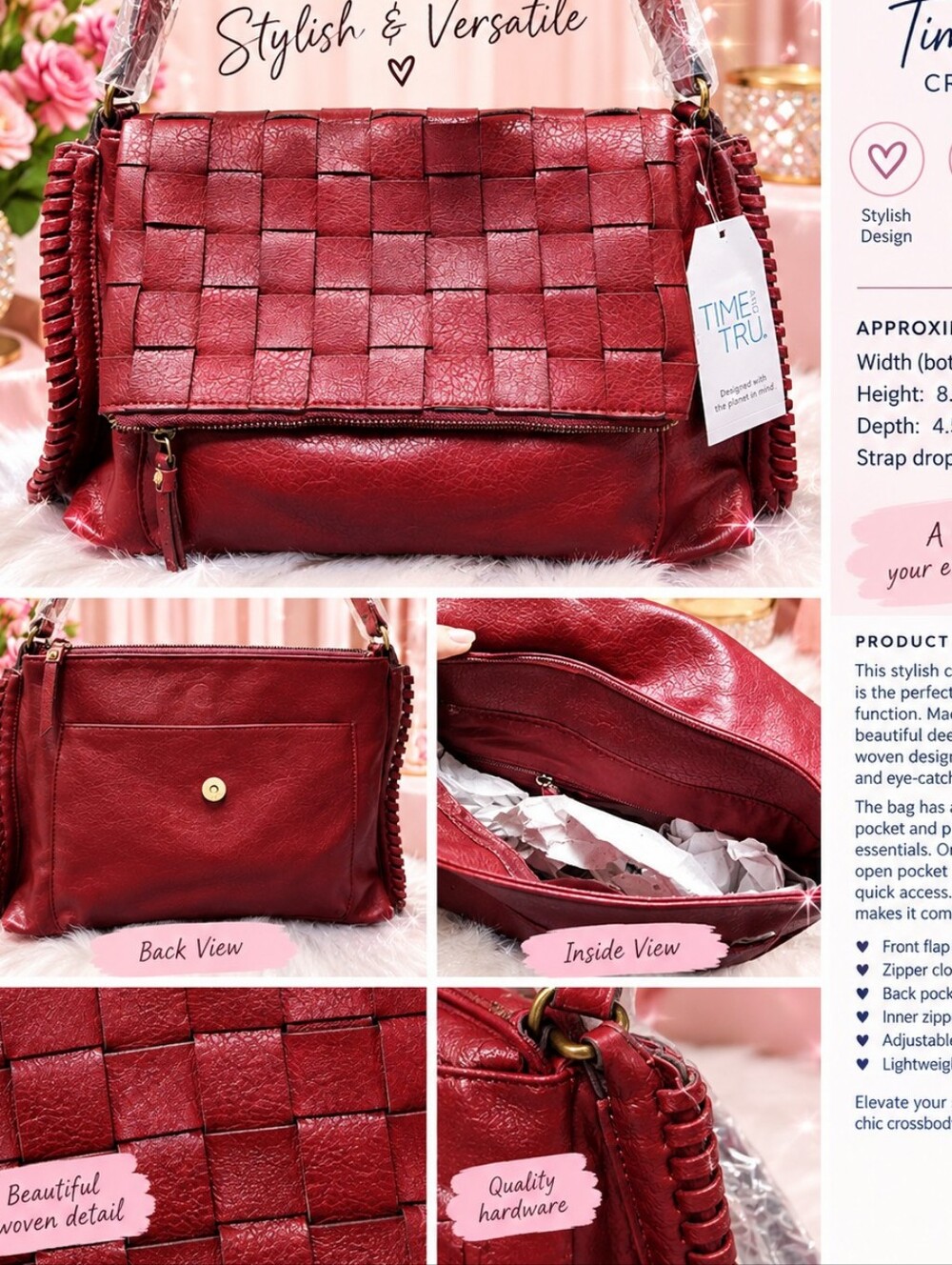 TIME AND TRU Red Woven Flap Crossbody Bag